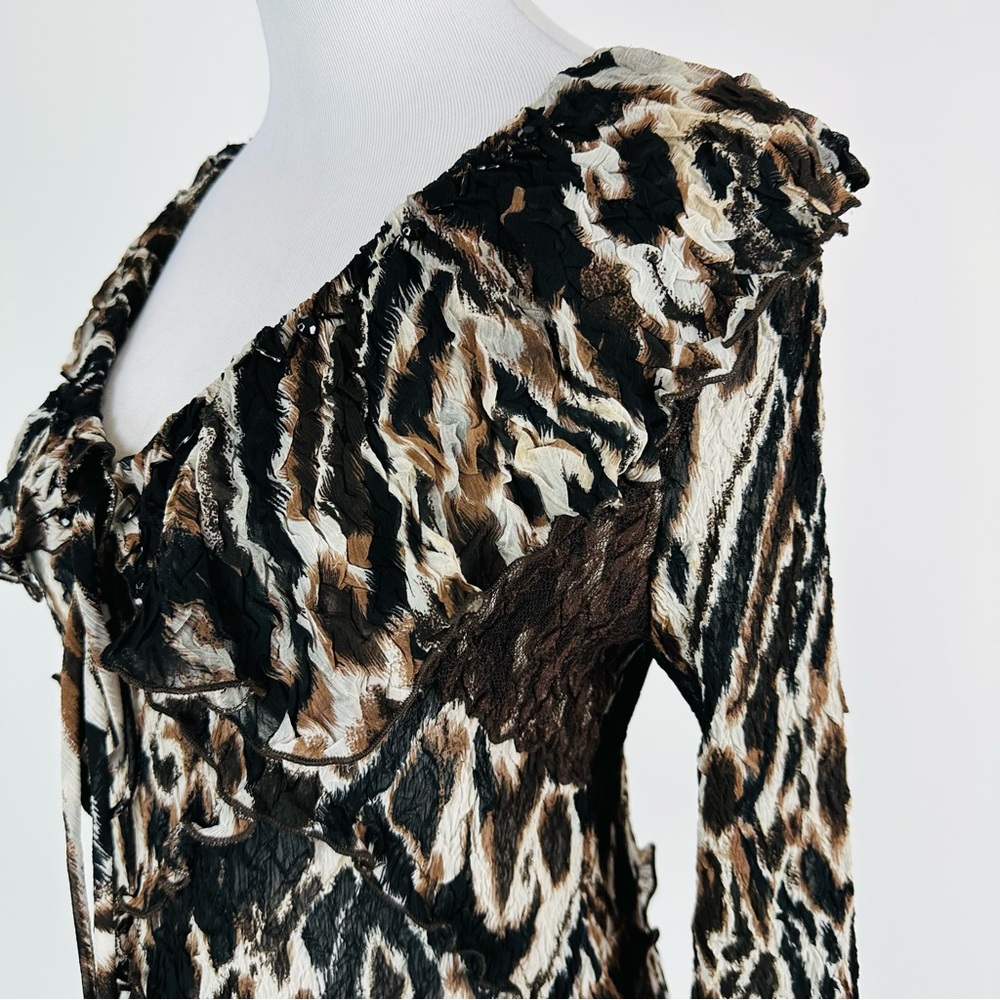 Alberto Makali 90’s Animal Print Ruffle Lace Crinkle Mixed Media Top Size Large - Picture 10 of 15